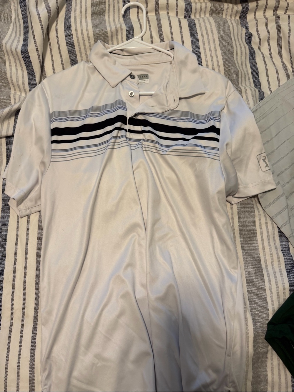 PGA Tour White Polo with Navy and Light Blue Stripes